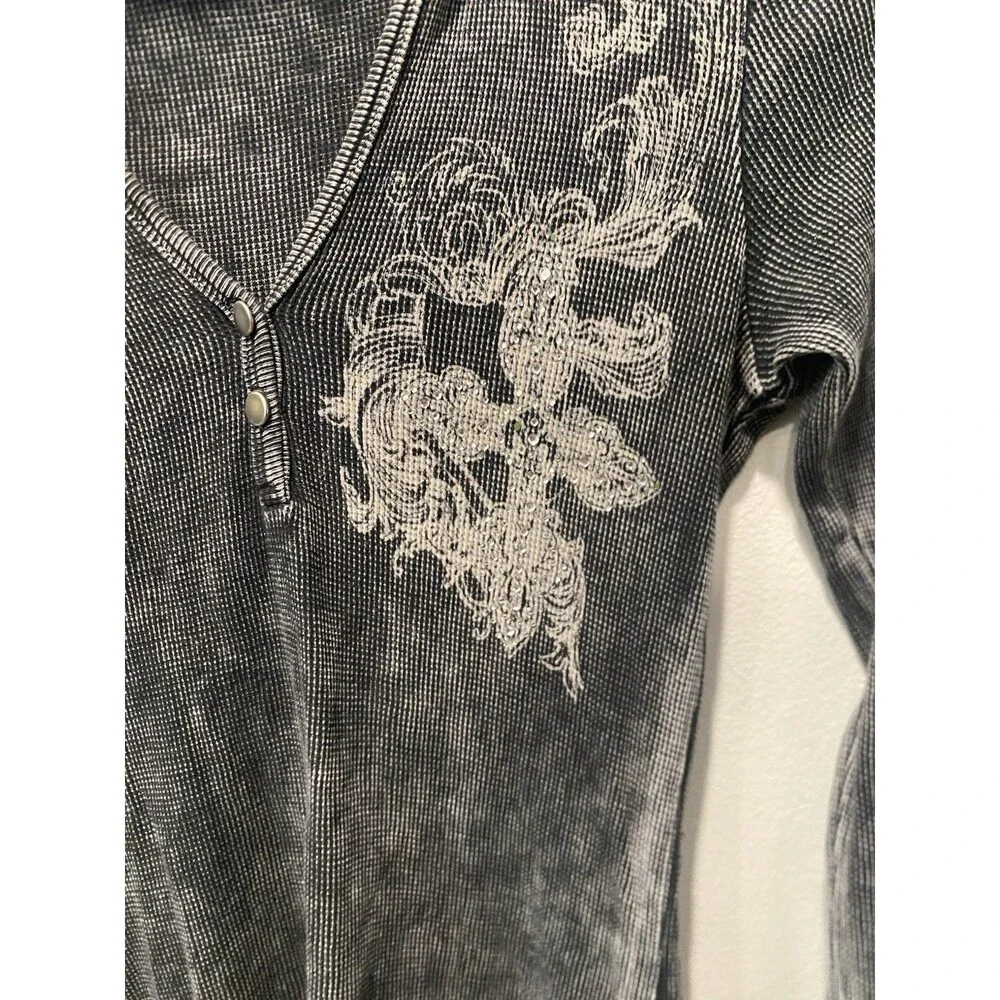 Vtg Y2K stonewashed Graphic Thermal Henley Hoodie Rhinestone embellished Sz M